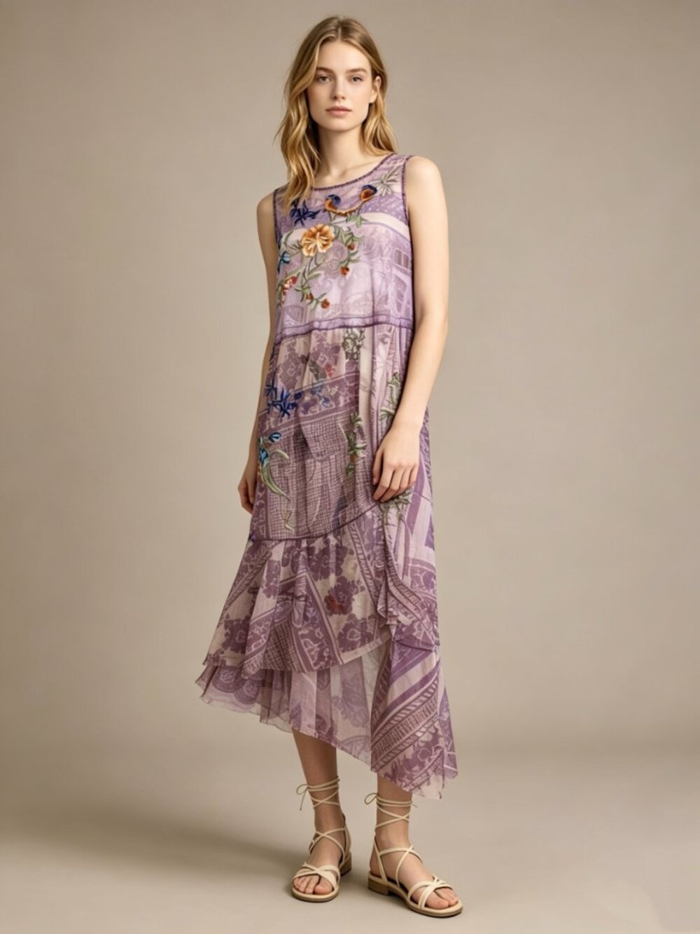 $398 NWOT JOHNNY WAS SILVANA Embroidered Floral MESH MIDI DRESS Size S Purple